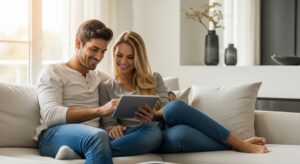 Casal sentado no sofá com tablet